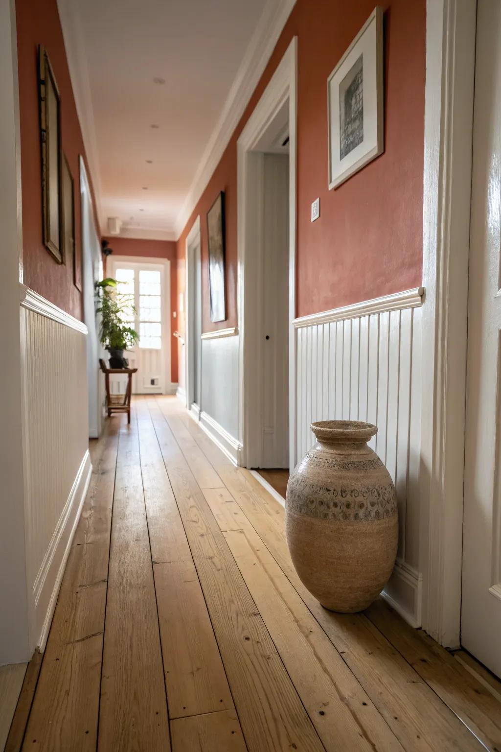 A deep painted end wall adds instant hallway depth—minimal effort, maximum impact.