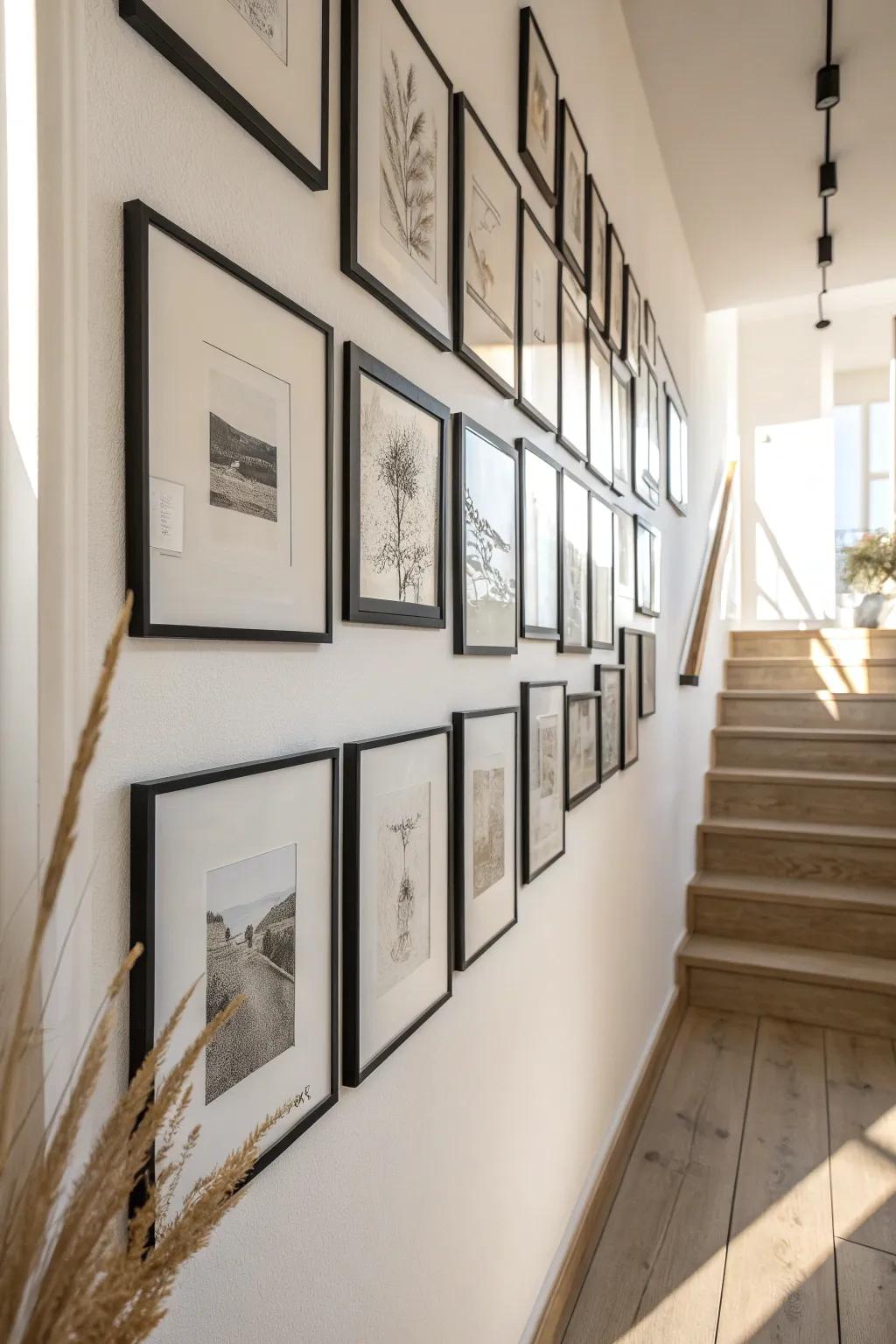 Minimal gallery wall magic: matching frames and simple prints for a modern, airy entryway.