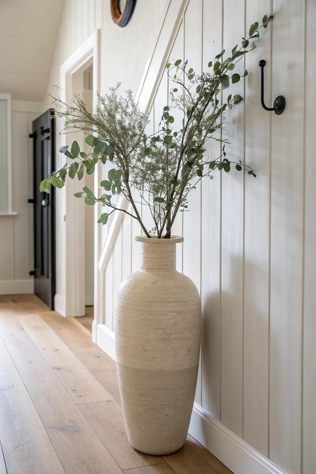 Go tall with a statement vase—adds drama and height without stealing hallway floor space.