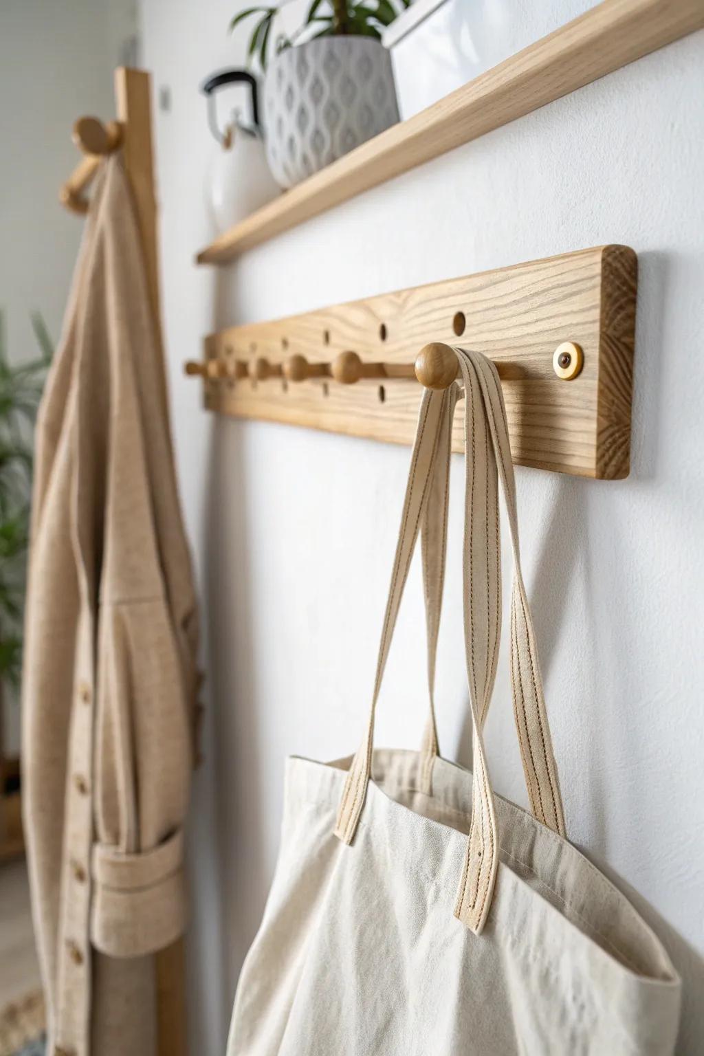 A simple oak peg rail adds flexible “lanes” for coats, bags, and dog gear in small entries.