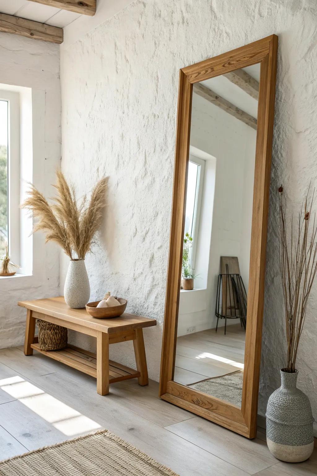A warm wood-framed mirror paired with a matching bench for a cohesive, airy entryway.