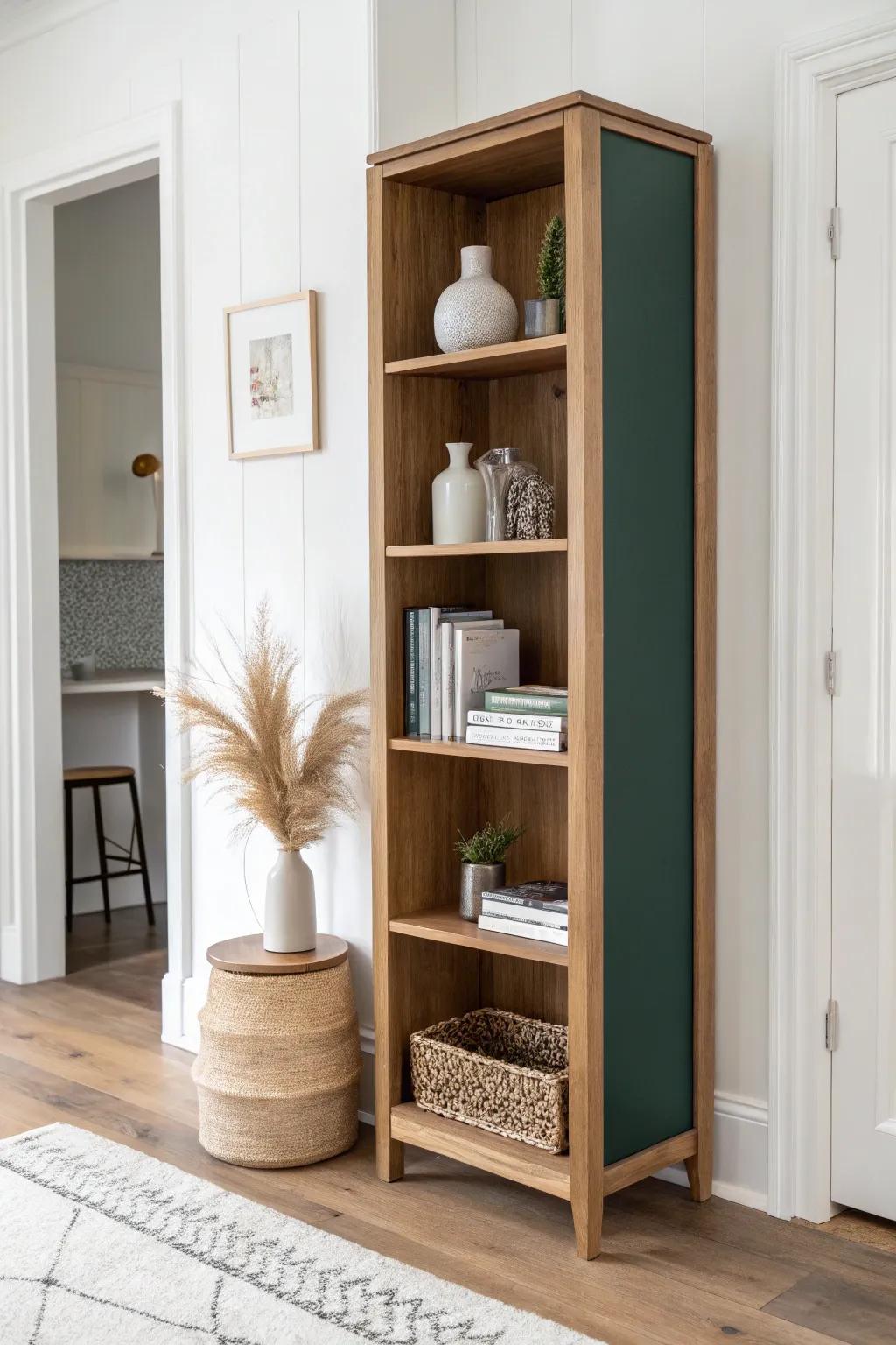 Color-blocked entryway shelves in deep green and oak—an instant bold, polished first impression.