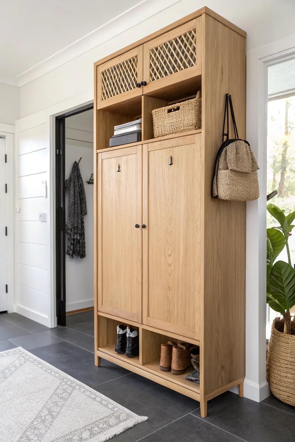 Double-height cabinet with two personal zones—shared entryway, tidy and beautifully intentional.