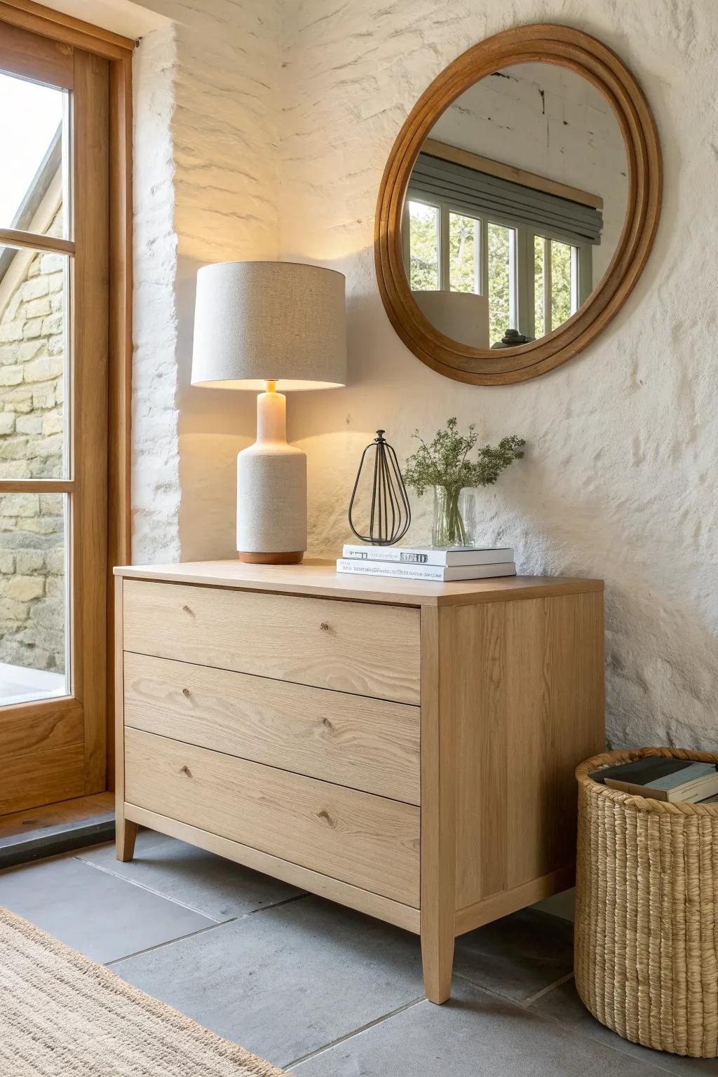 Relaxed entryway styling: one tall lamp anchor + a low stack for effortless asymmetry.