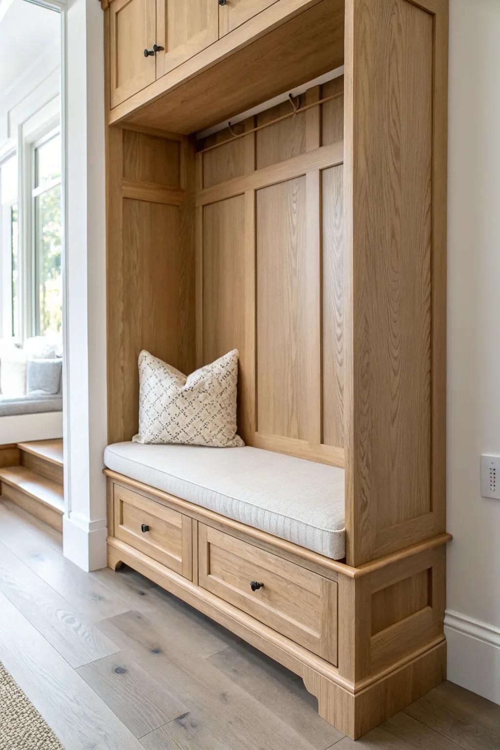 A built-in bench nook inside the entryway closet makes shoes easier and the space feel like a mudroom.