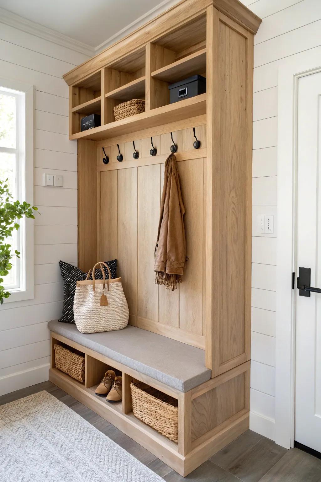 Mini mudroom corner: hooks up top, cubby bench below—clean Scandinavian style for small spaces.