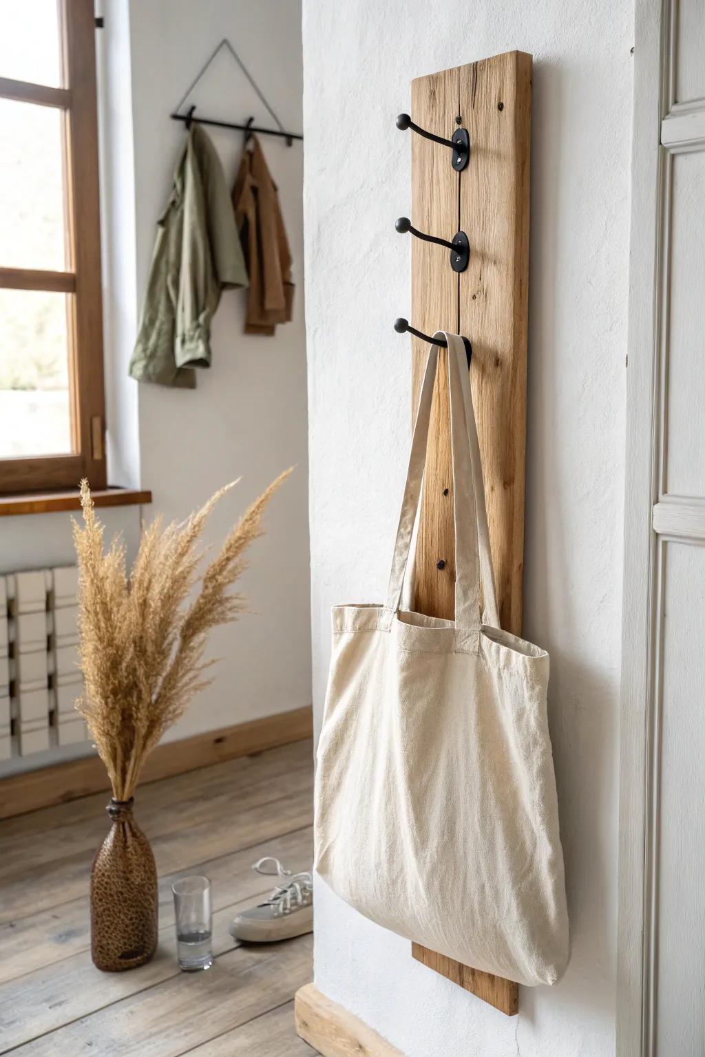 Turn a skinny wall strip into a vertical hook column—big storage, zero visual bulk.