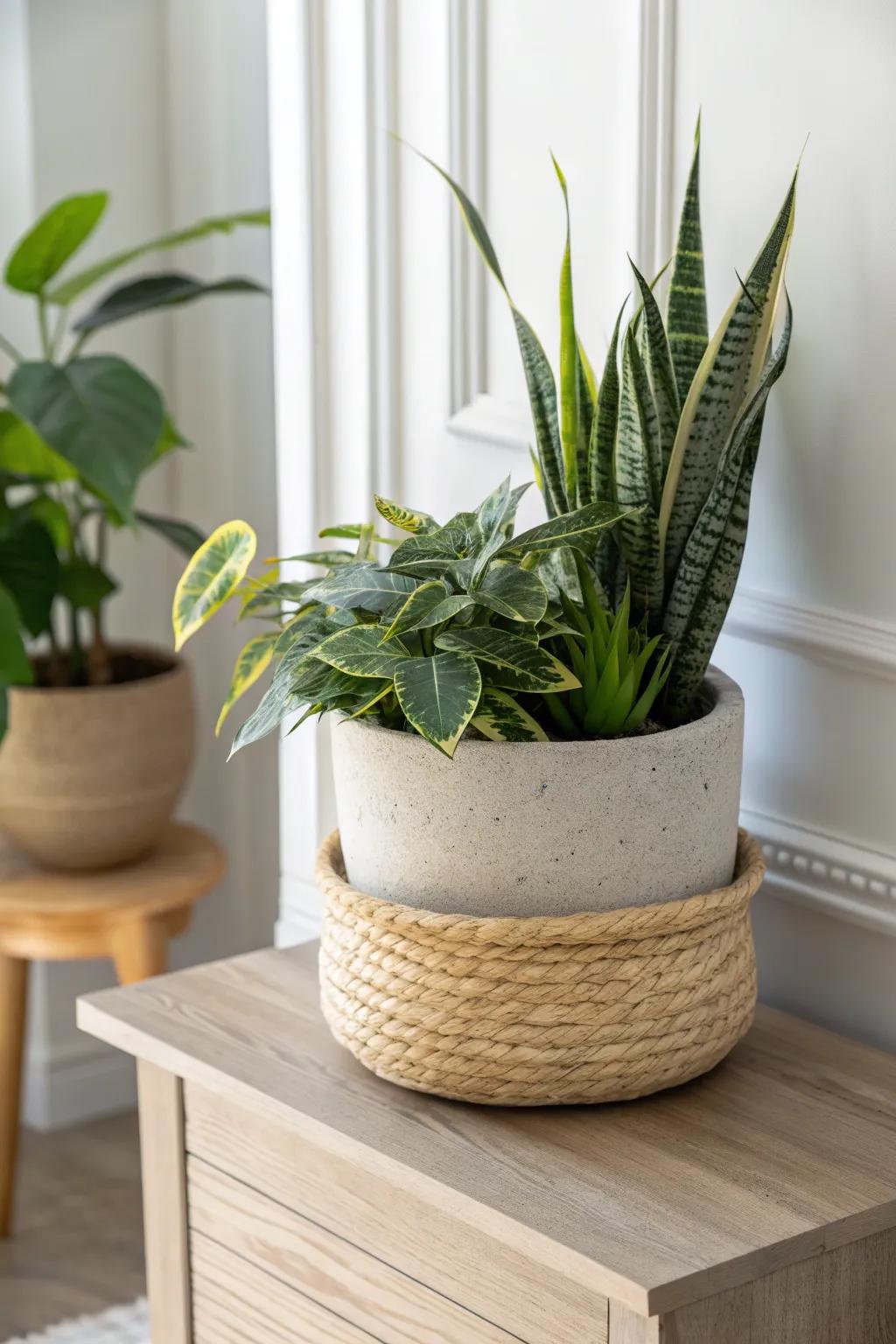Mix glossy and spiky leaves in a woven‑meets‑ceramic pot for instant entryway texture.