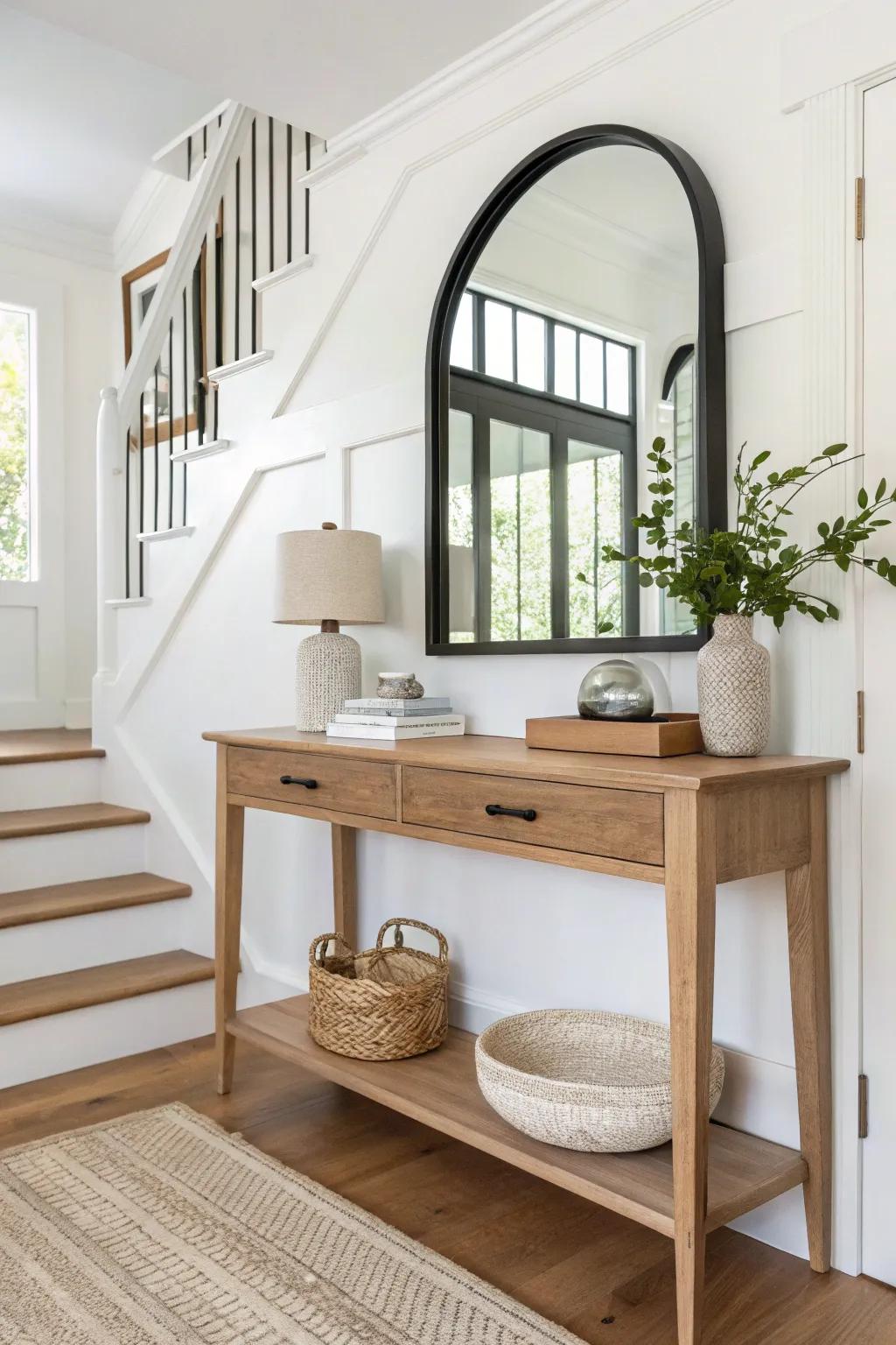 Turn a stair landing into a chic drop zone with a slim console and a bold mirror.