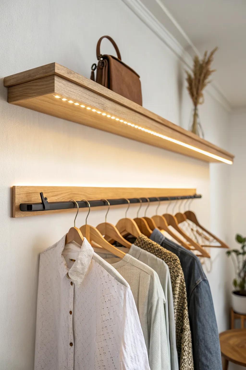 Warm LED strip lighting makes an exposed closet feel intentional—no more shadowy outfit hunts.