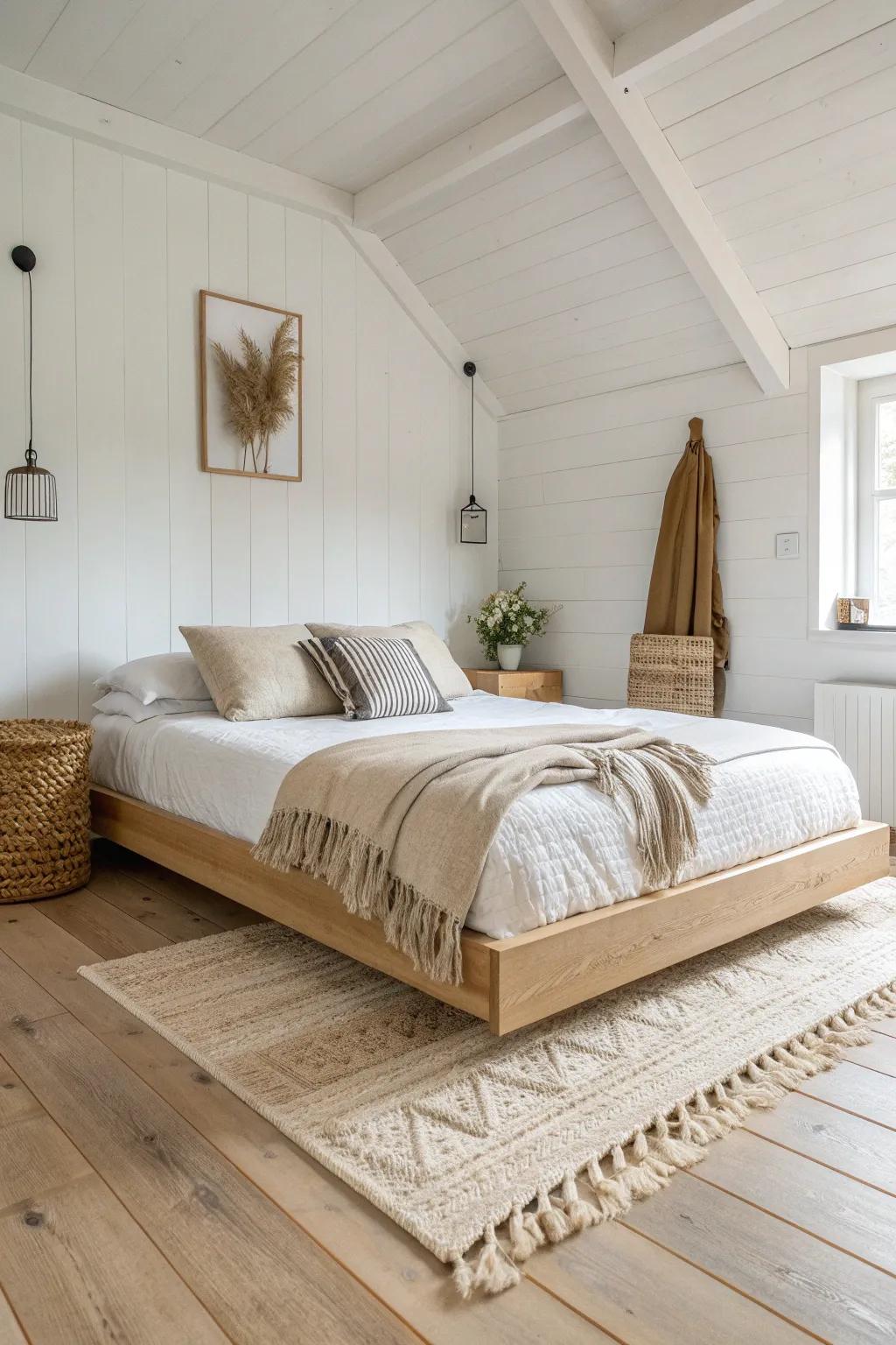 Layer a textured rug under your floating bed to spotlight the airy hover gap beautifully.