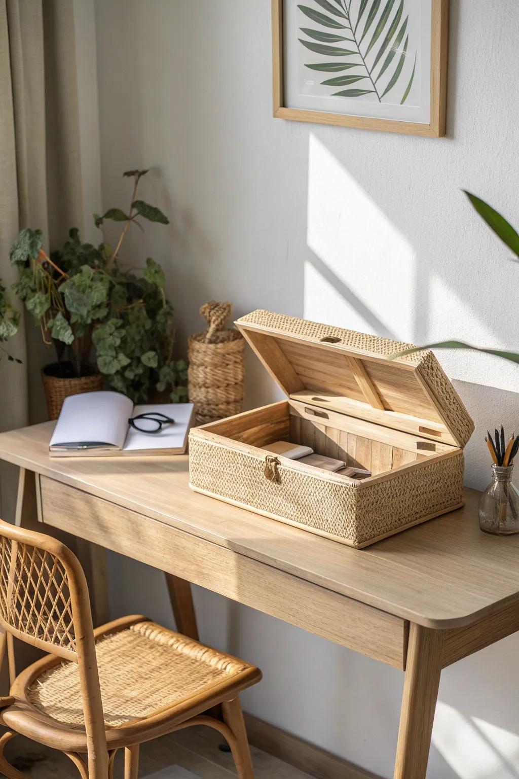 A floating desk shelf that stays tidy—one pretty lidded box for chic, cozy storage.