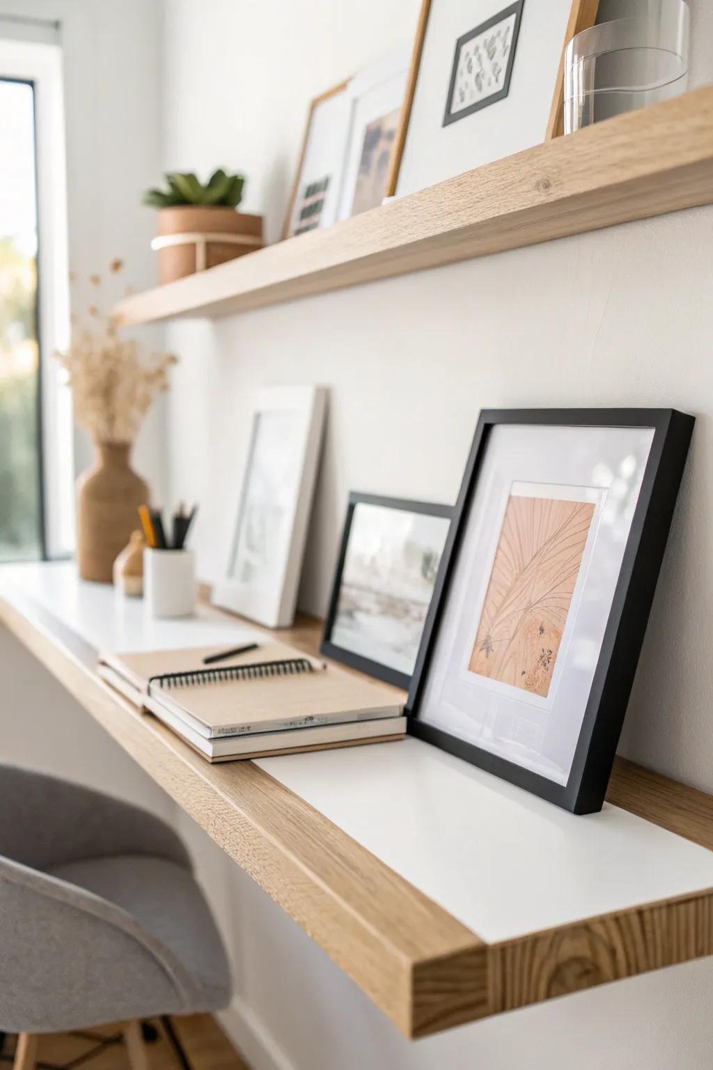 Layered leaning frames on a floating shelf bring renter-friendly depth above your desk.
