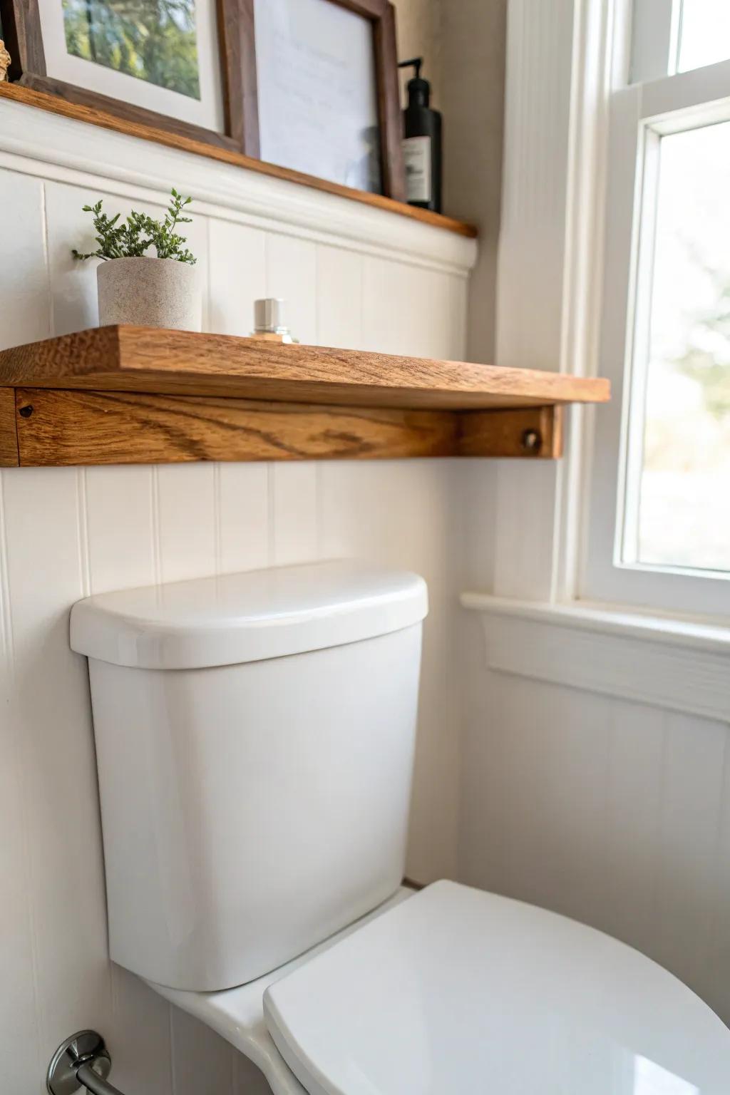 Warm wood floating shelf above the toilet adds cozy contrast and instant character—no paint needed.