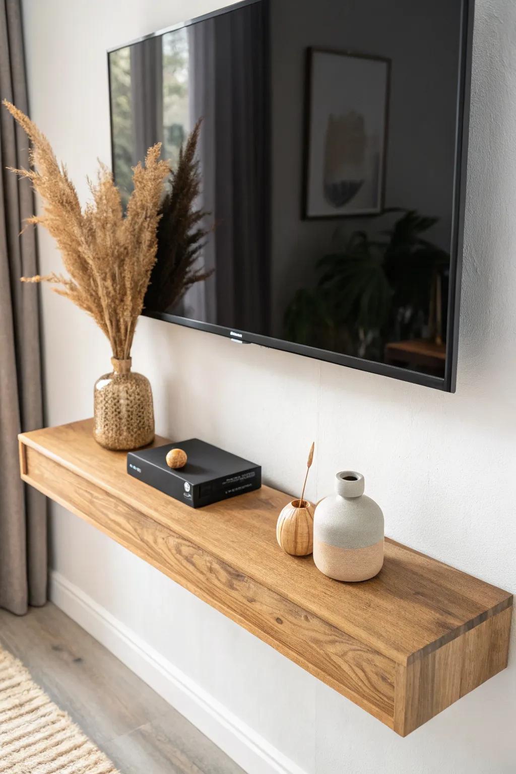 Warm oak floating shelf under the TV softens the black screen and adds cozy minimalist style.