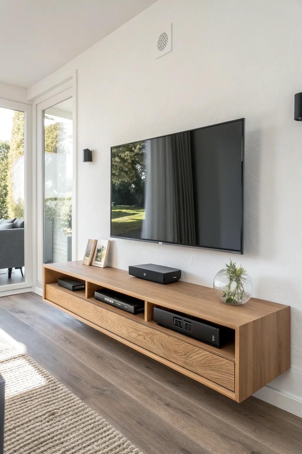 A floating TV stand with a built-in soundbar ledge for a centered, clean, finished look.