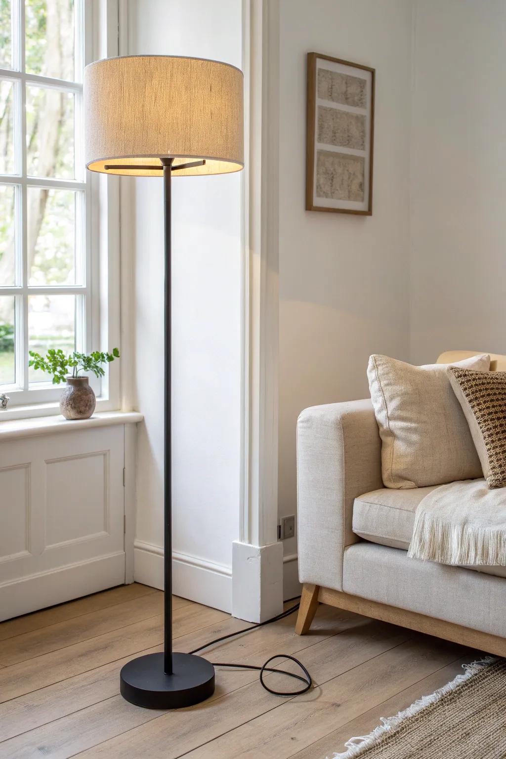 A flat-base floor lamp that slides under your sofa to keep tiny living room pathways clear.