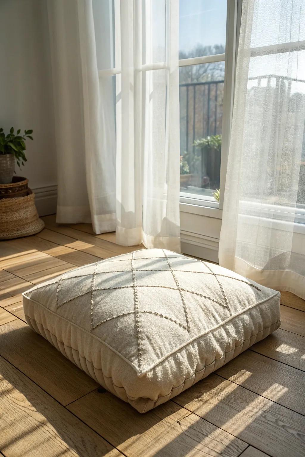 A sunny window-facing floor cushion that turns mornings into a calm lounge moment.