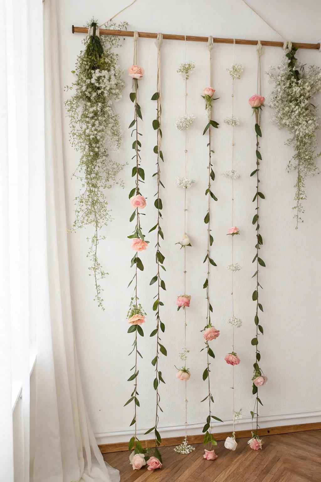 A soft, renter-friendly hanging flower curtain wall for an airy, romantic floral moment.