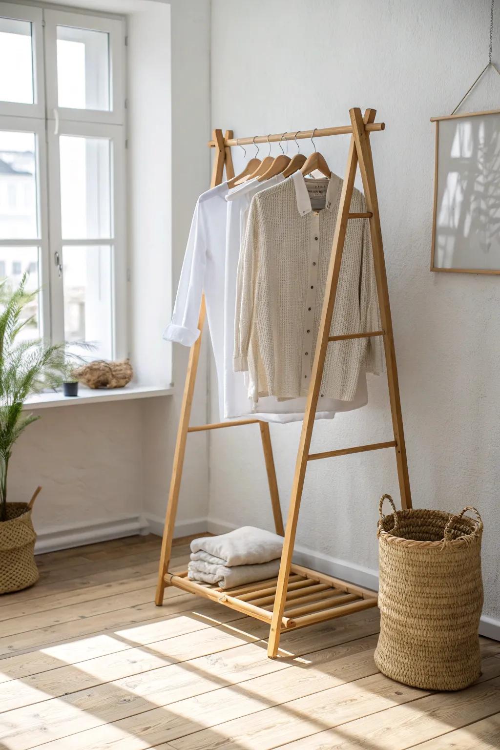 A foldable clothes rack that stages outfits and folds flat to slide neatly under the bed.