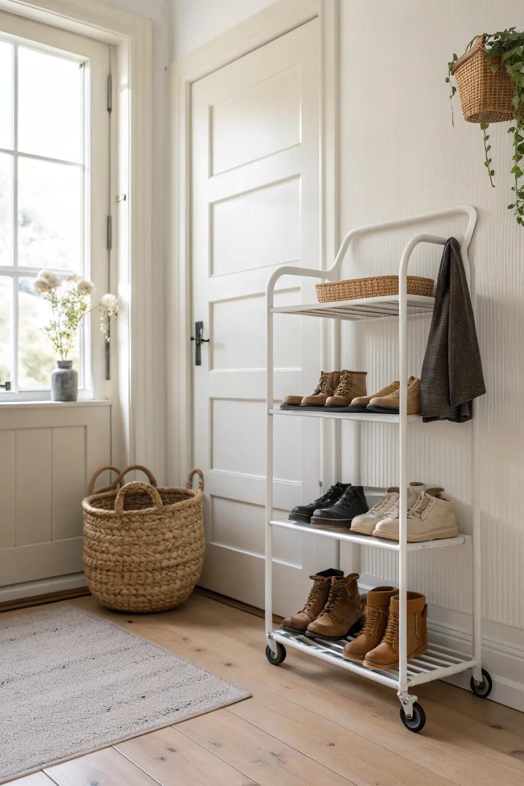 A slim rolling shoe cart by the door—pretty, flexible storage that tucks away fast.