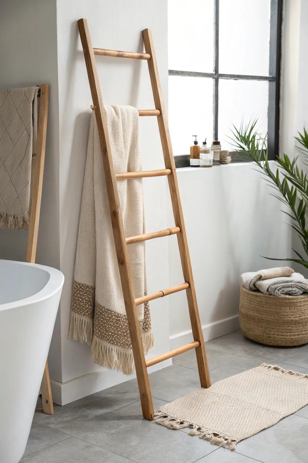 A towel ladder adds instant charm and extra storage—perfect for small, stylish bathrooms.