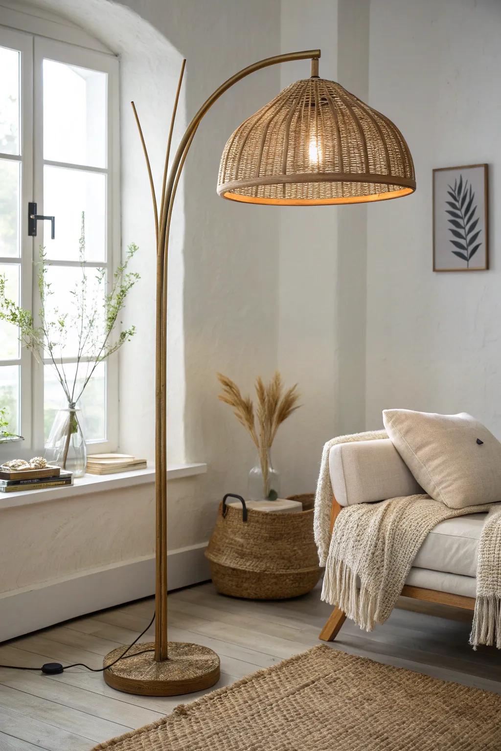 One statement floor lamp turns a futon corner into a cozy lounge—no side table needed.