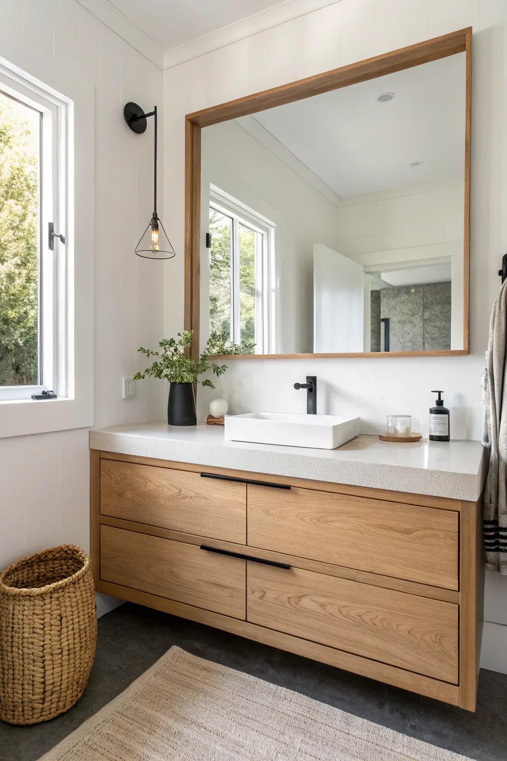 An extra-long mirror makes a galley bathroom feel wider, brighter, and beautifully intentional.