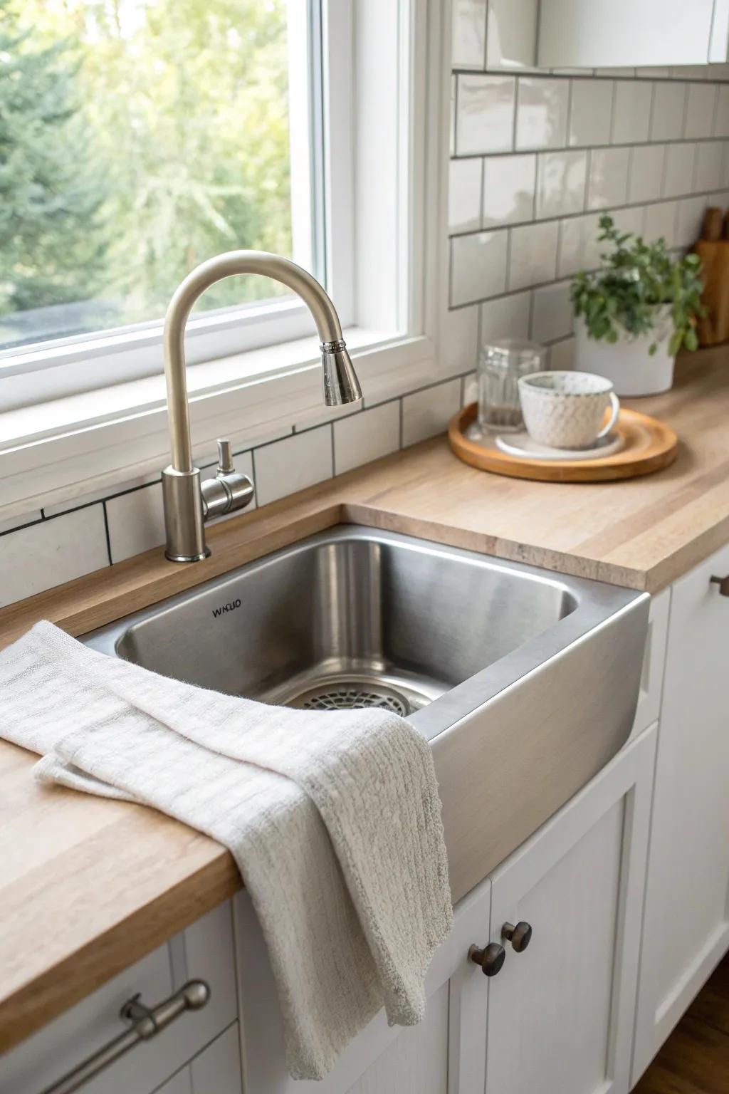 Upgrade your galley kitchen with a deep single-bowl sink placed right in the best light.