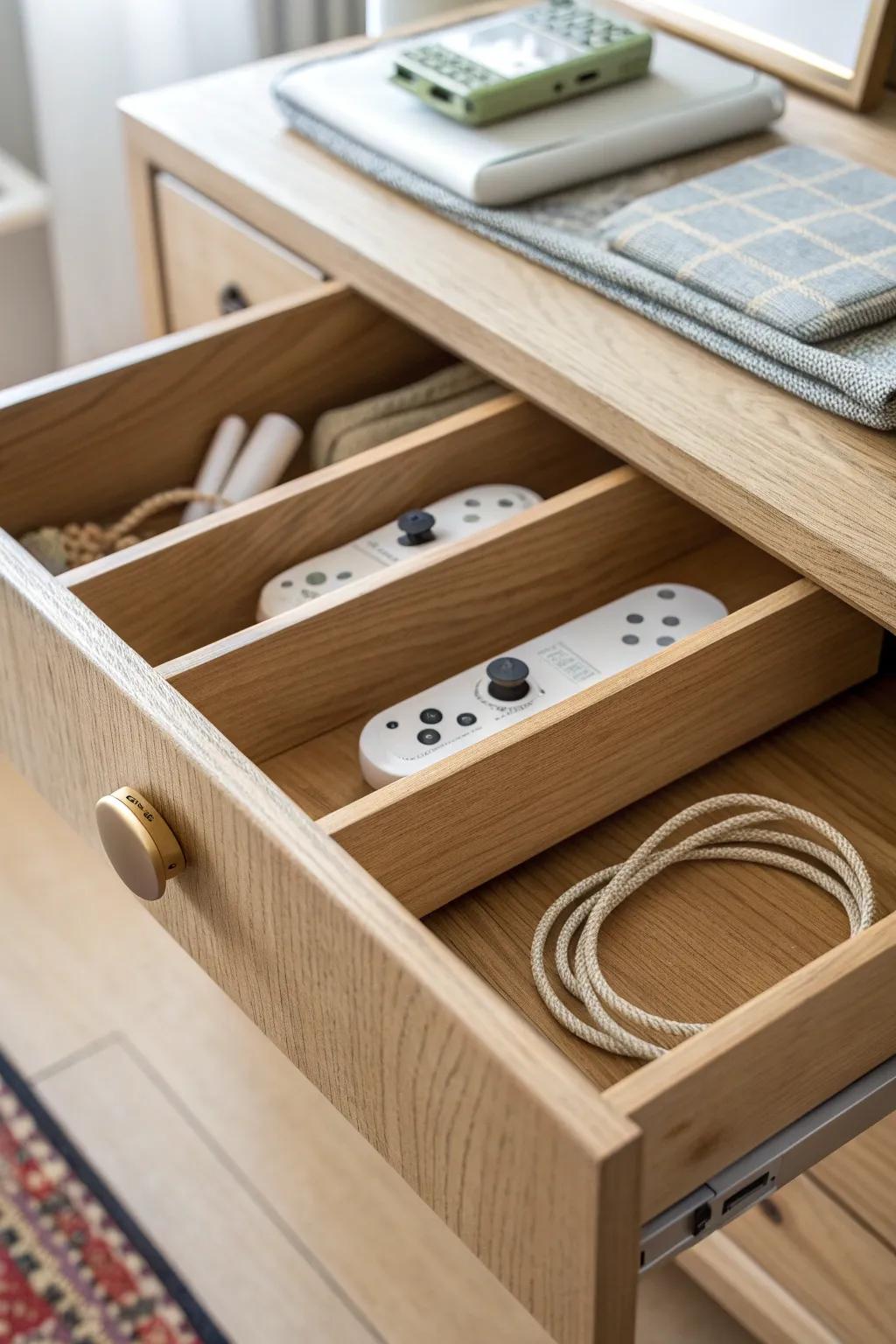 A sleek charging drawer with dividers keeps controllers tidy, charged, and tangle-free.