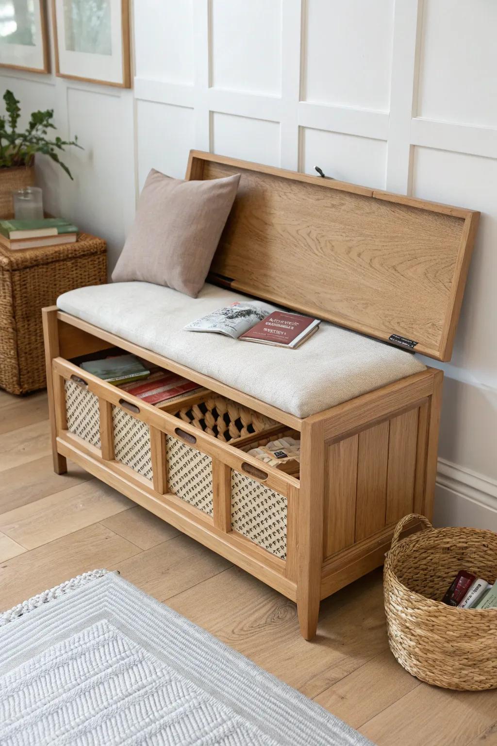 A sleek hidden-storage bench that stashes bulky game boxes while adding extra seating.