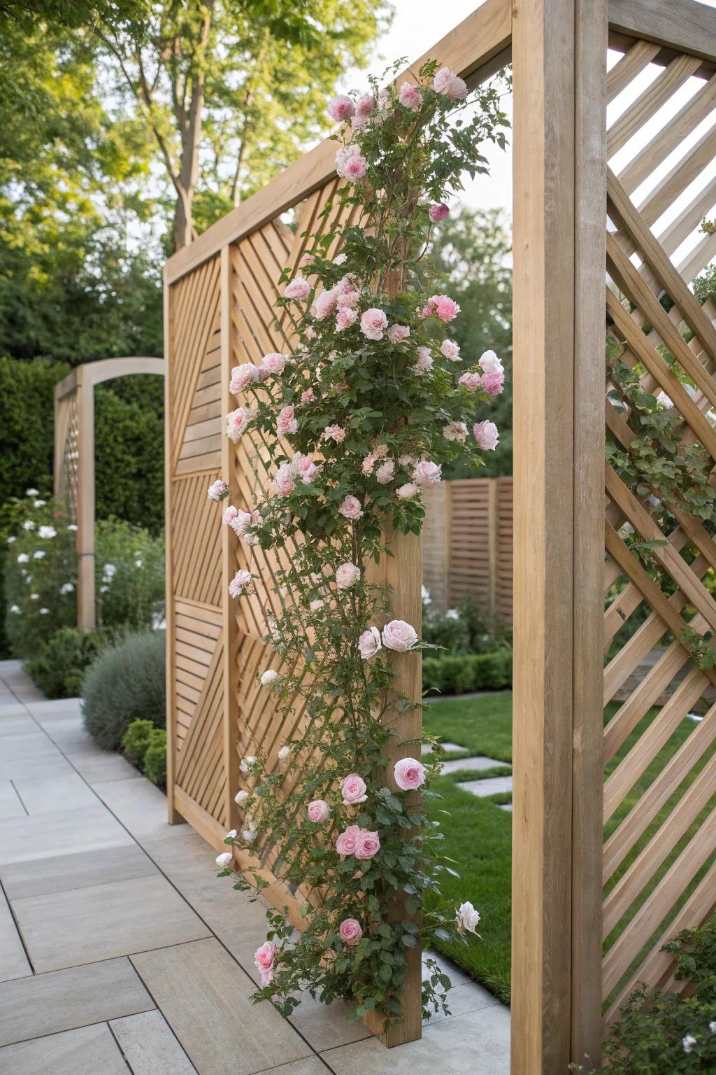 Elevate your garden's charm with a handcrafted privacy screen adorned with climbing roses.