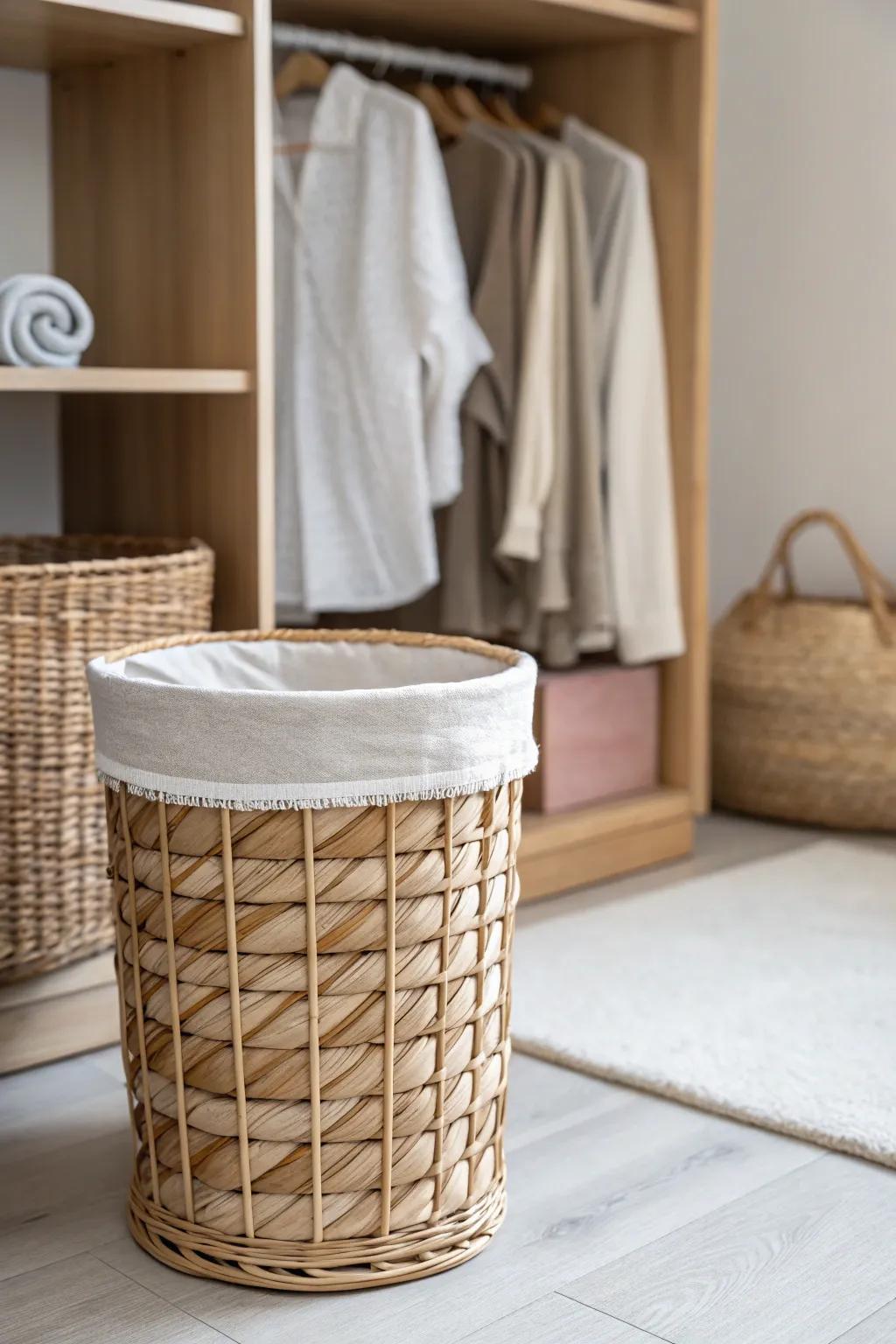 A pretty in-closet hamper keeps laundry off the chair and instantly reduces small-space clutter.