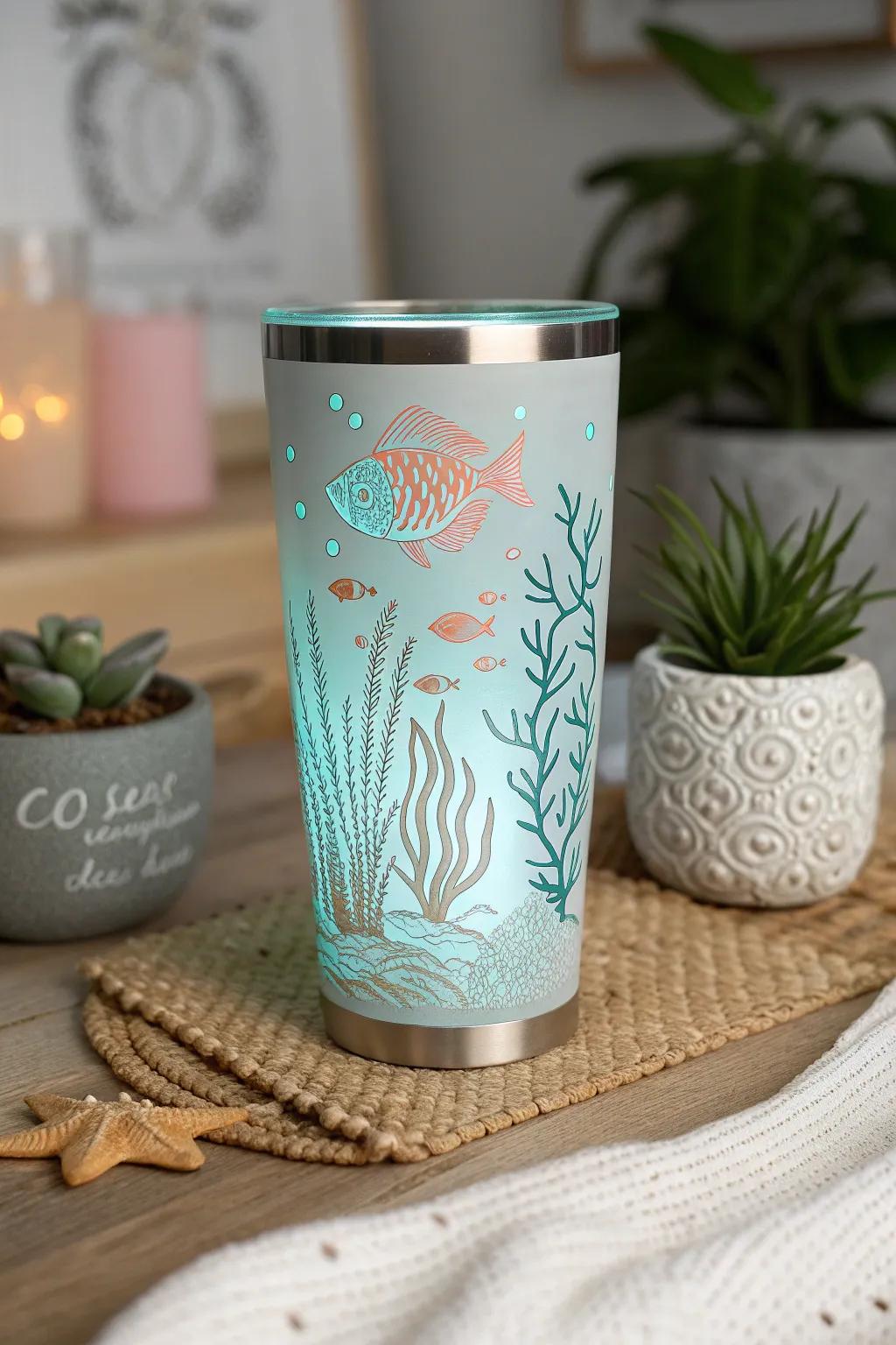Dive into a serene underwater paradise with this beautifully crafted glowing tumbler. Perfect for ocean dreamers seeking simplicity and elegance.