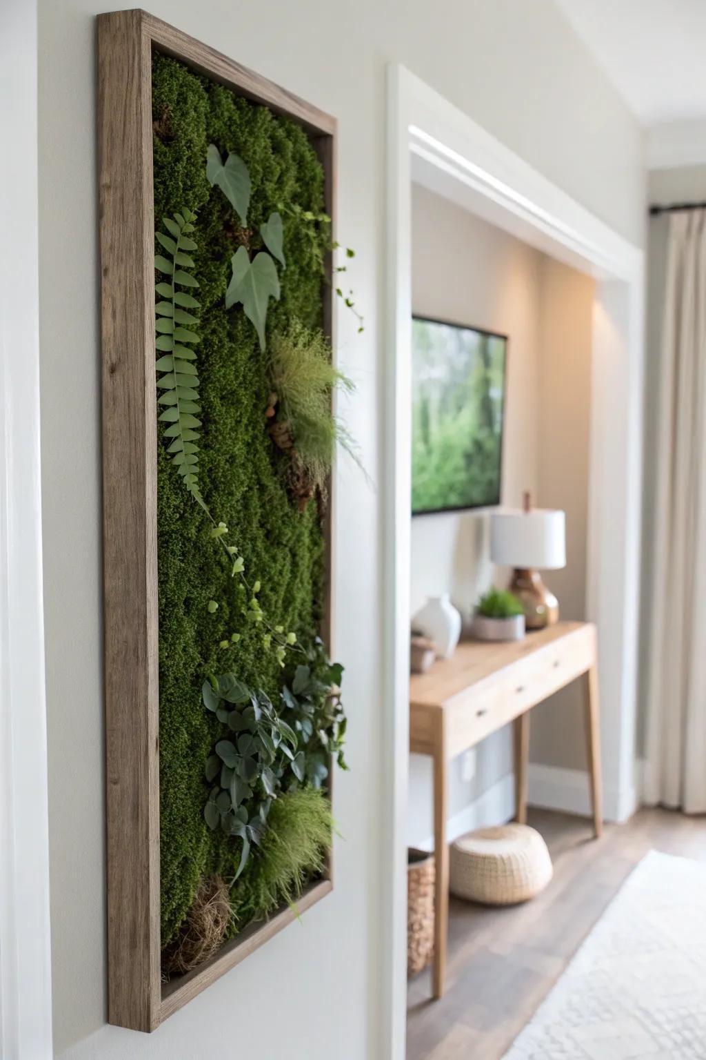 A slim moss wall panel above a console table adds instant style to the smallest entryway.