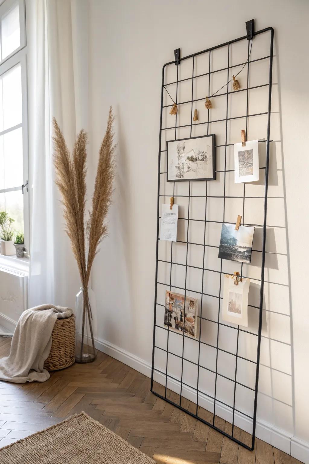 Renter-friendly living room gallery grid wall—swap prints anytime, zero extra nail holes.