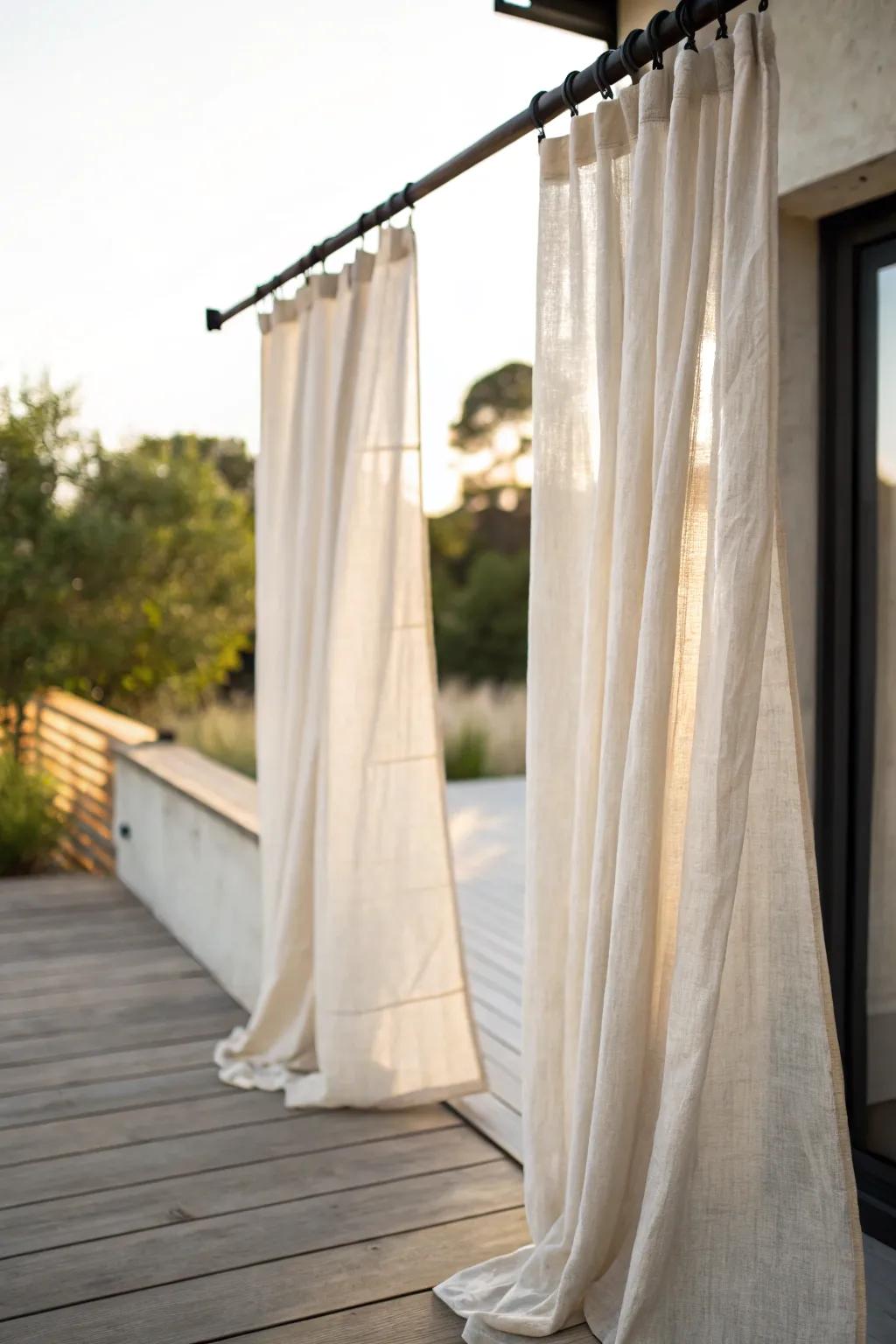 Sheer outdoor curtains transform a small patio into a breezy, private cabana.
