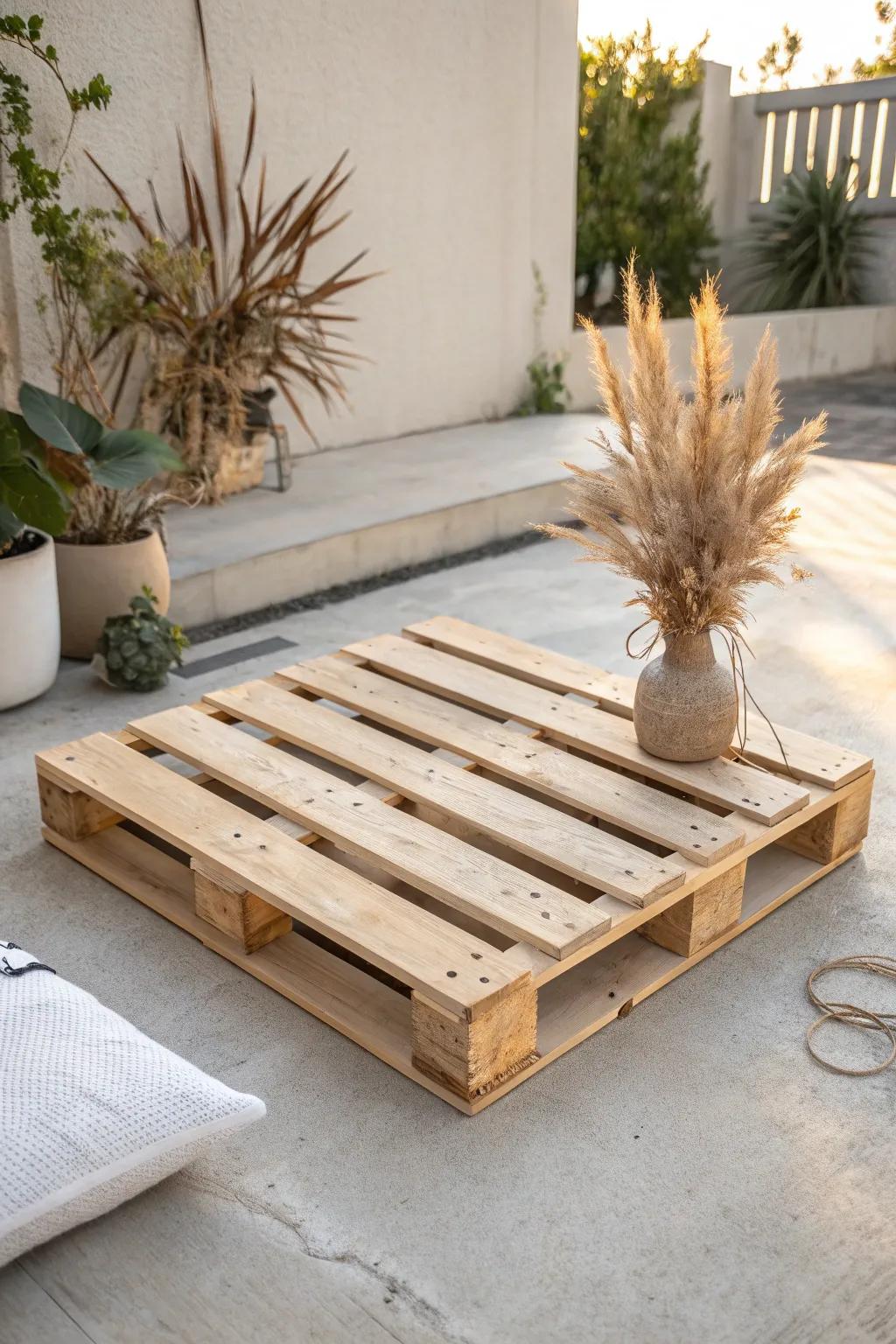 A tidy pallet platform keeps grow bags evenly spaced and off puddles—instant garden-room vibes.