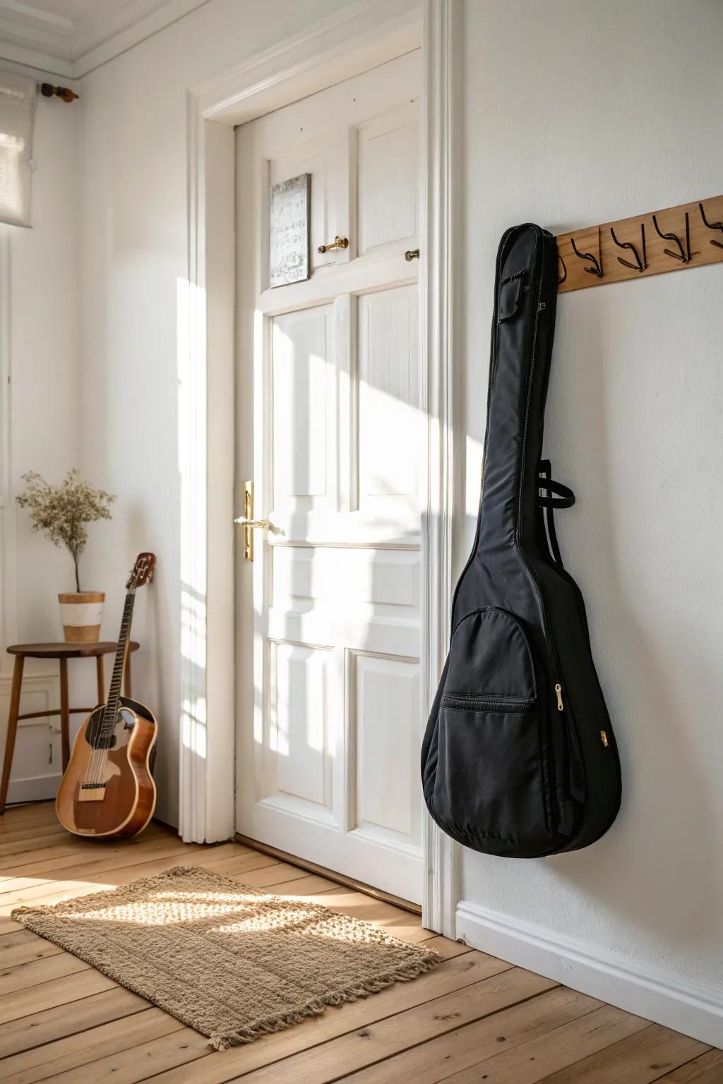 Behind-the-door gig bag hooks: sleek, space-saving guitar storage for small rooms.