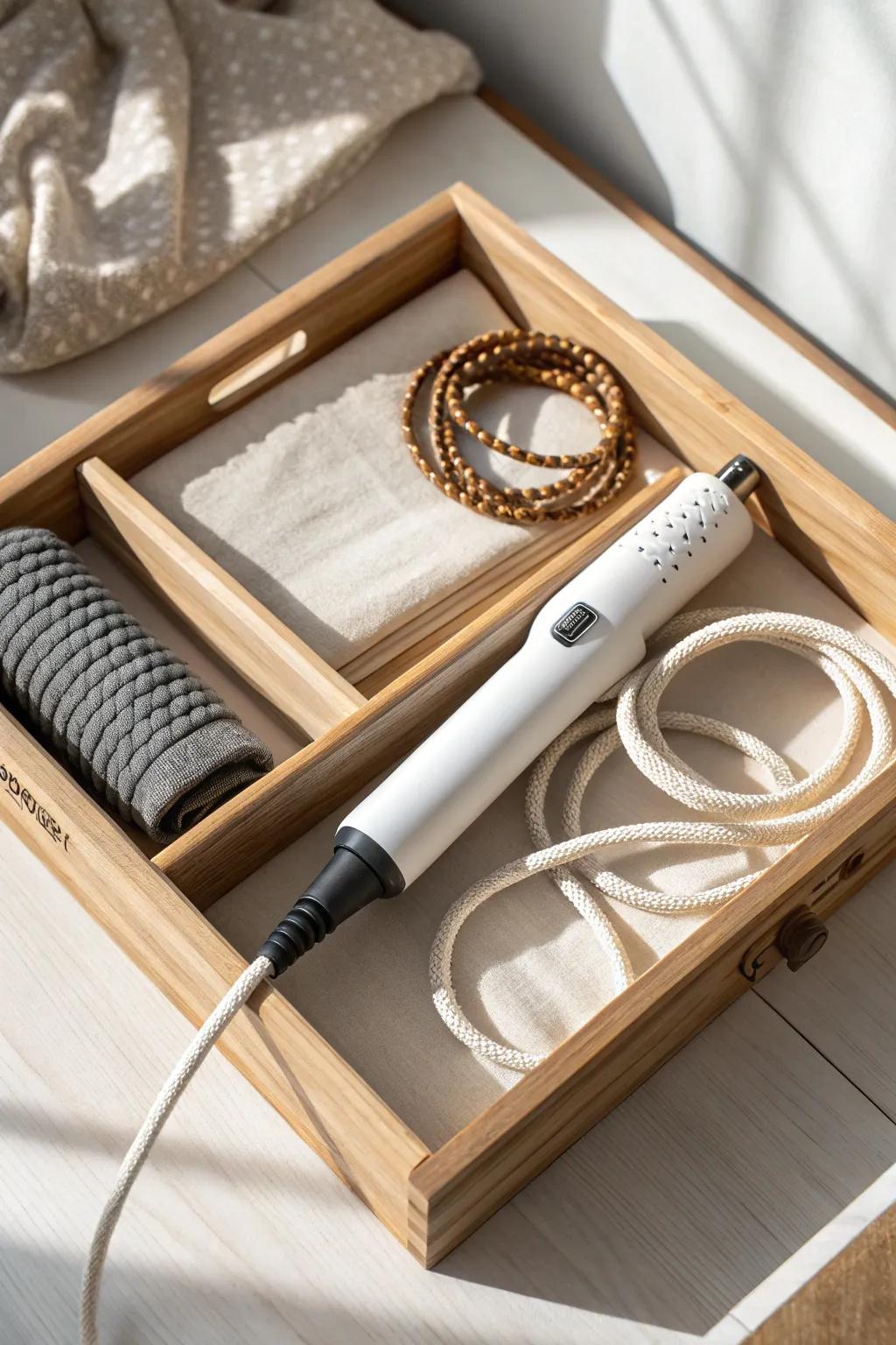 A simple linen cord wrap turns tangled hair tools into a calm, drawer-ready organizer.