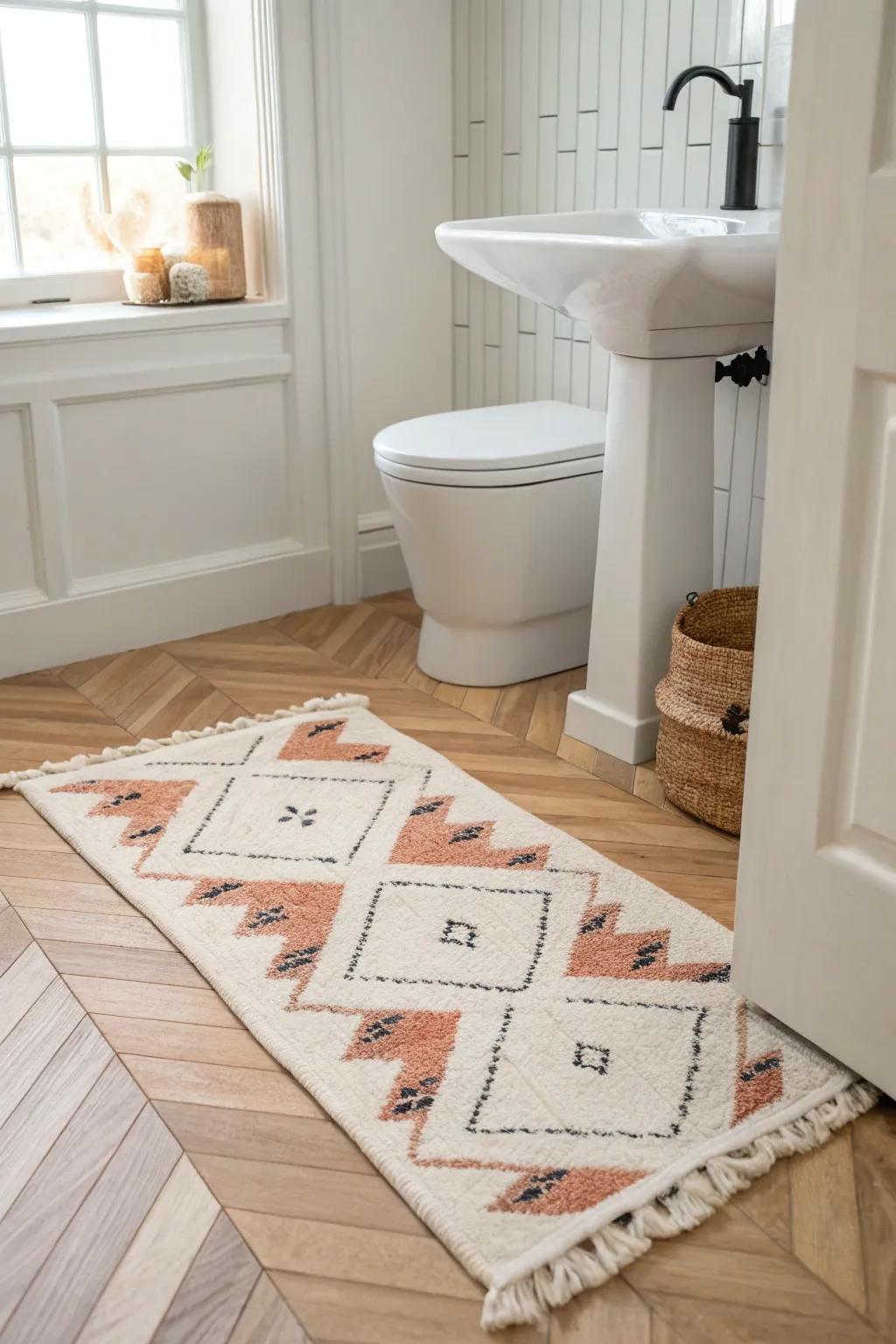 A budget-friendly washable rug adds warmth, quiet comfort, and style to a busy half bath.