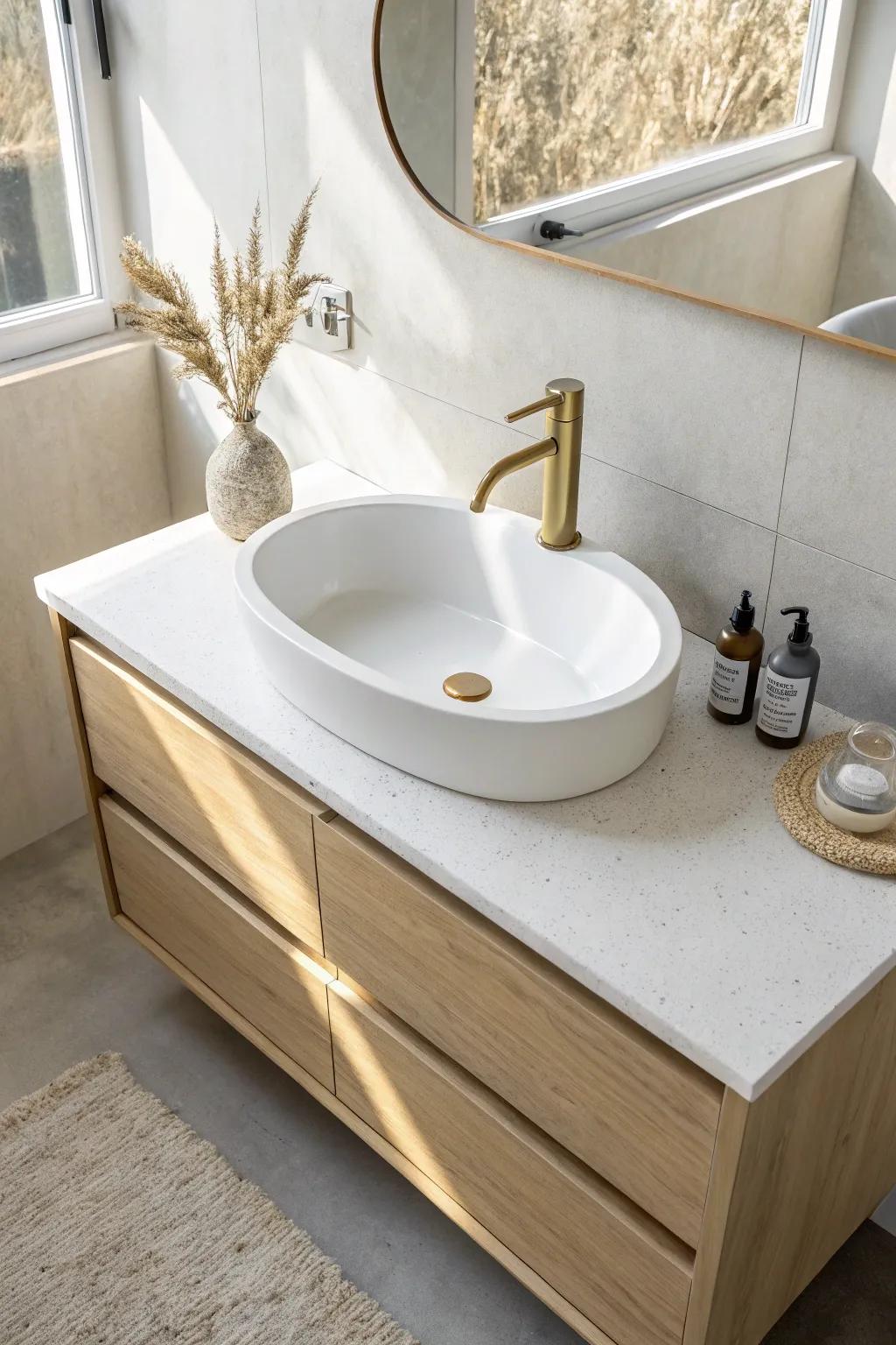 Seamless integrated sink top—minimal seams, easy wipe-down, perfect for busy half baths.