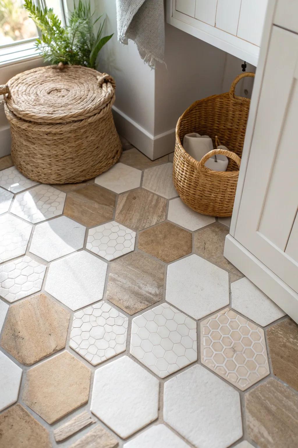Two-tone hex tiles create a soft, collected pattern—minimal, warm, and perfect for a half bath.