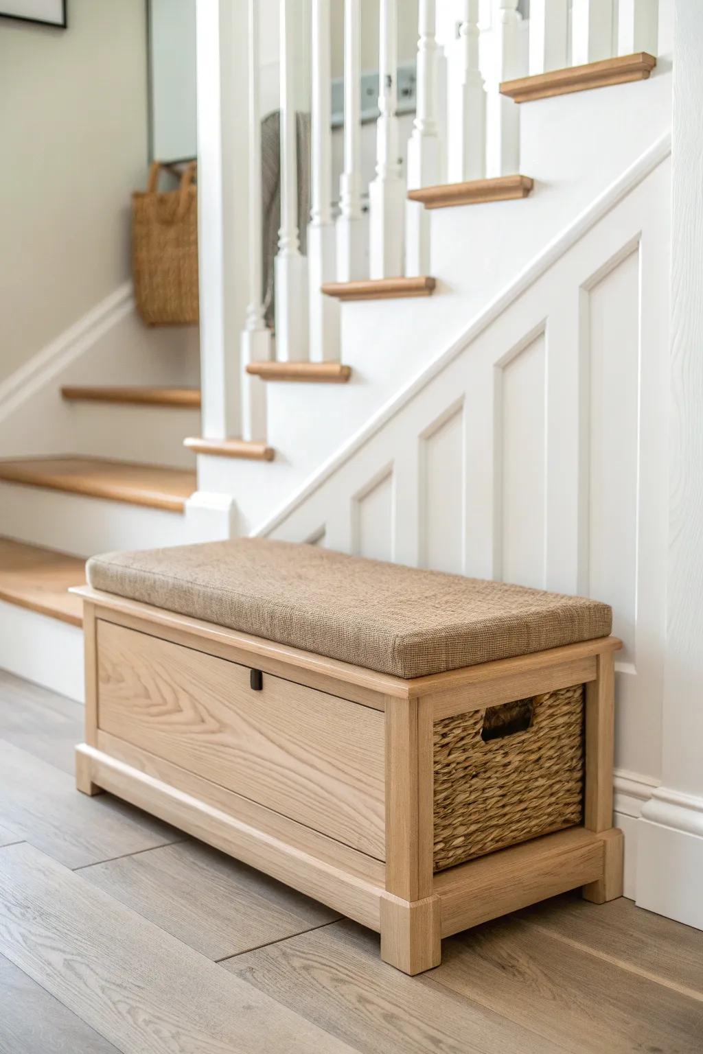 A slim shoe bench at the stairs keeps the landing clear and makes getting out the door easy.