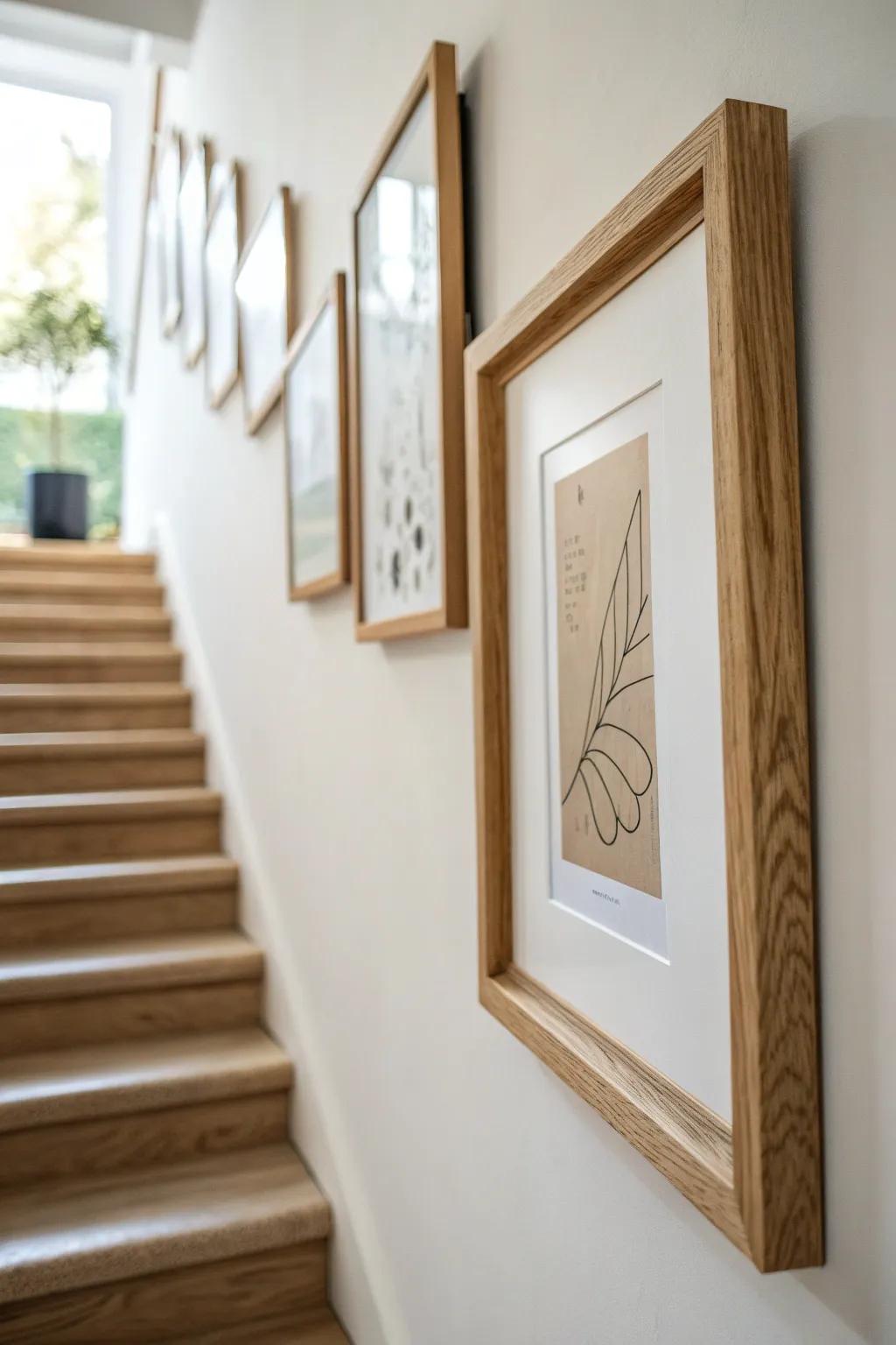Repeat one light-oak frame finish from hall to stairs for a calm, cohesive gallery look.
