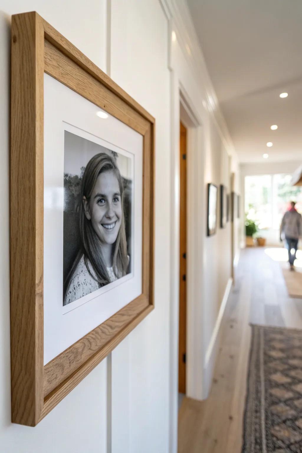 One bold black frame + a timeless B&W family portrait makes a hallway feel instantly personal.