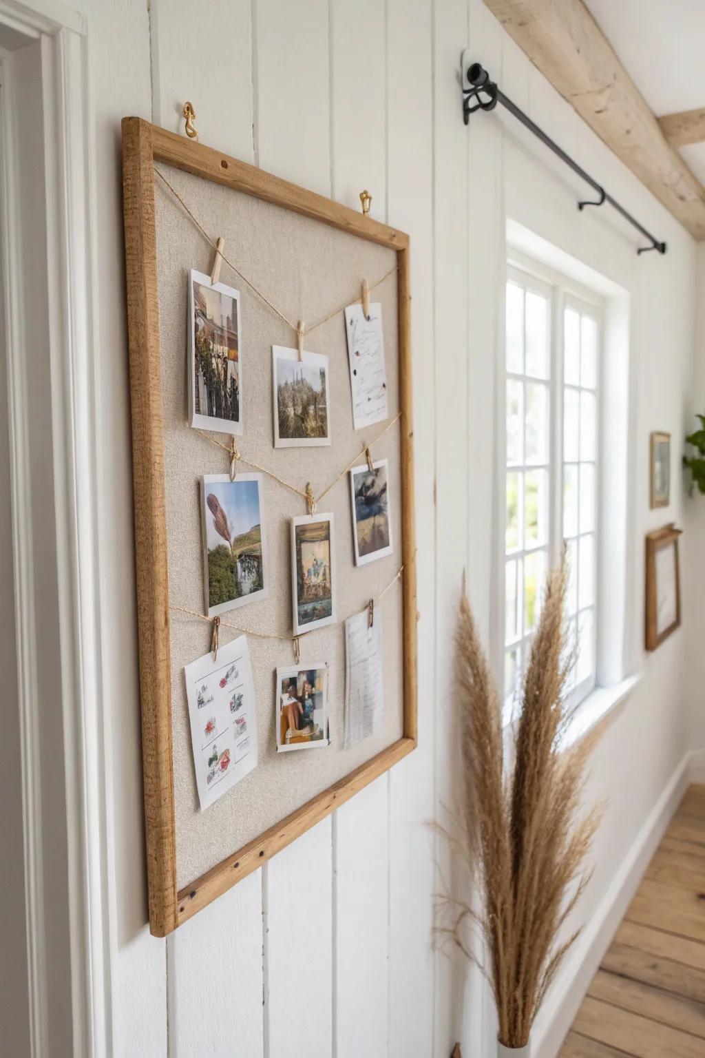A cozy mini gallery bulletin board—pinned snapshots and ticket stubs for a personal hallway.
