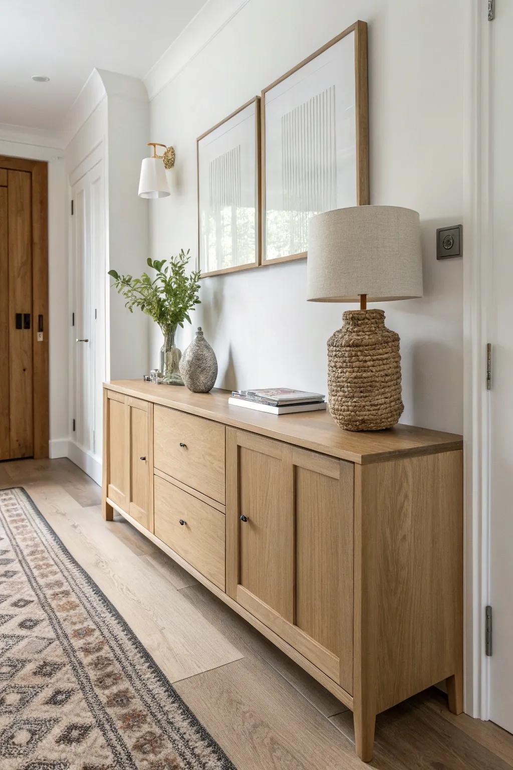 Double-height hallway storage: airy upper cabinets over a warm oak console with cozy styling.