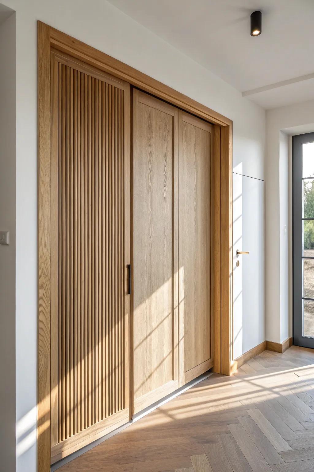 Light oak sliding closet door: a slim, space-saving upgrade that frees up narrow hallways.