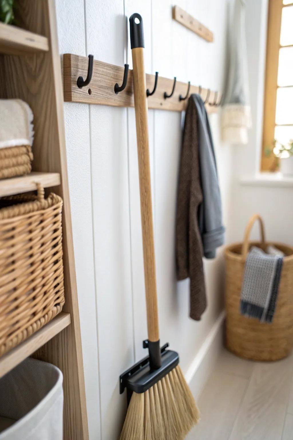 Store mop and broom upright with sleek clip holders to free up precious hallway closet space.
